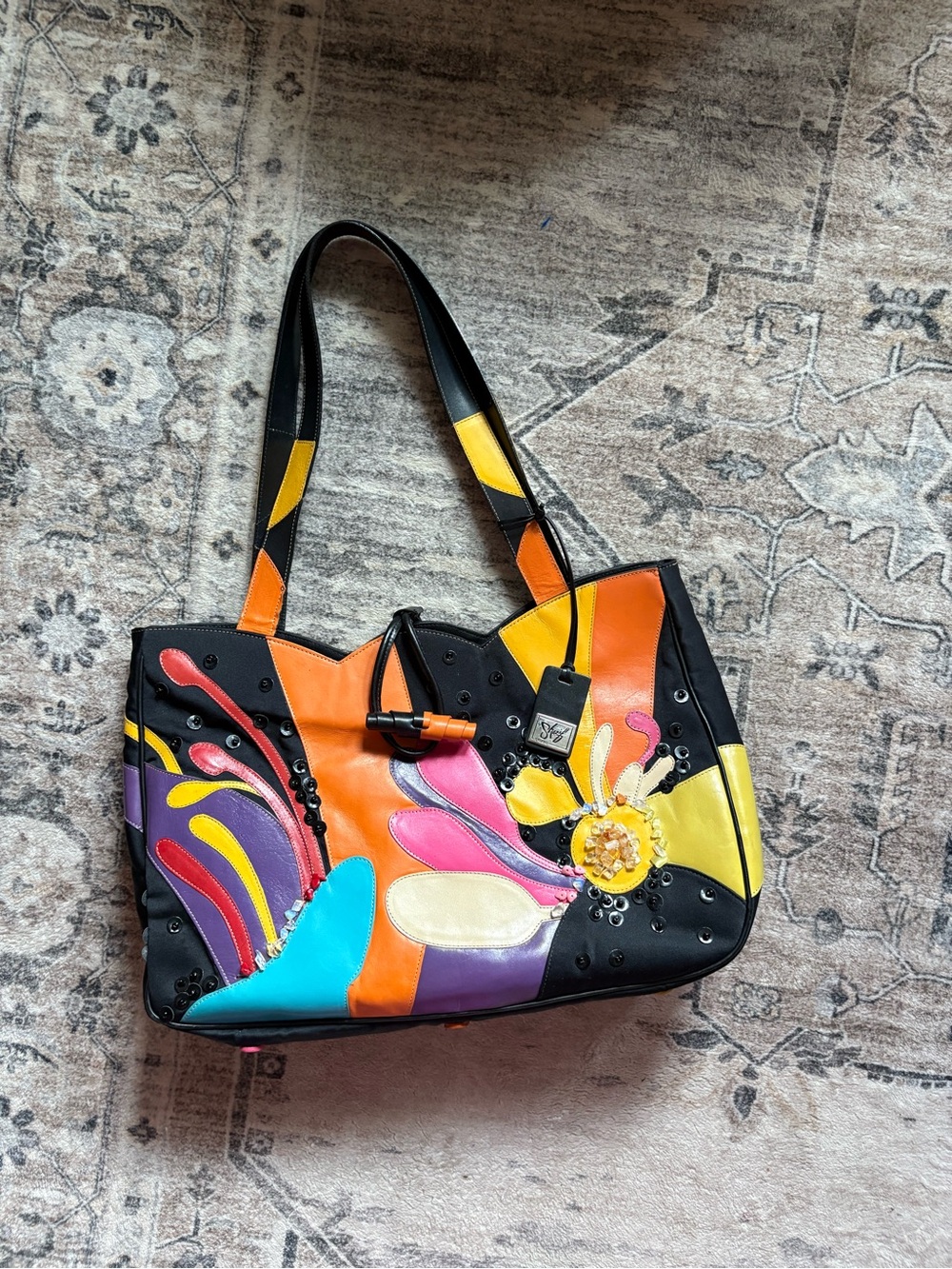 Vintage sharif studio leather colorful floral shoulder bag purse - Picture 3 of 16